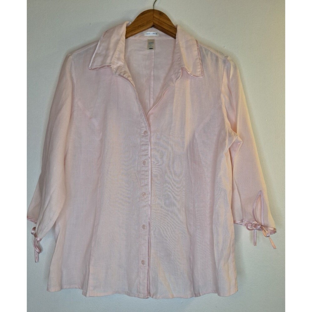 Vtg Y2K OLD NAVY 100% Linen Petal Pink Button Up Shirt Women's M Coastal Resort‎